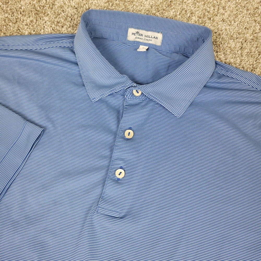 Peter Millar Summer Comfort Mens Large Blue Striped Performance Stretch Polo